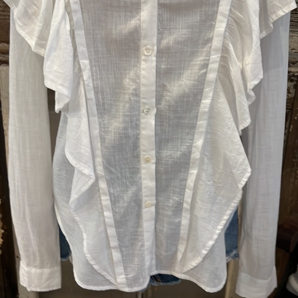 PAIGE FARREN RUFFLE SHOULDER & BODICE Button Front Mandarin Collar SHIRT Blouse - Picture 3 of 7